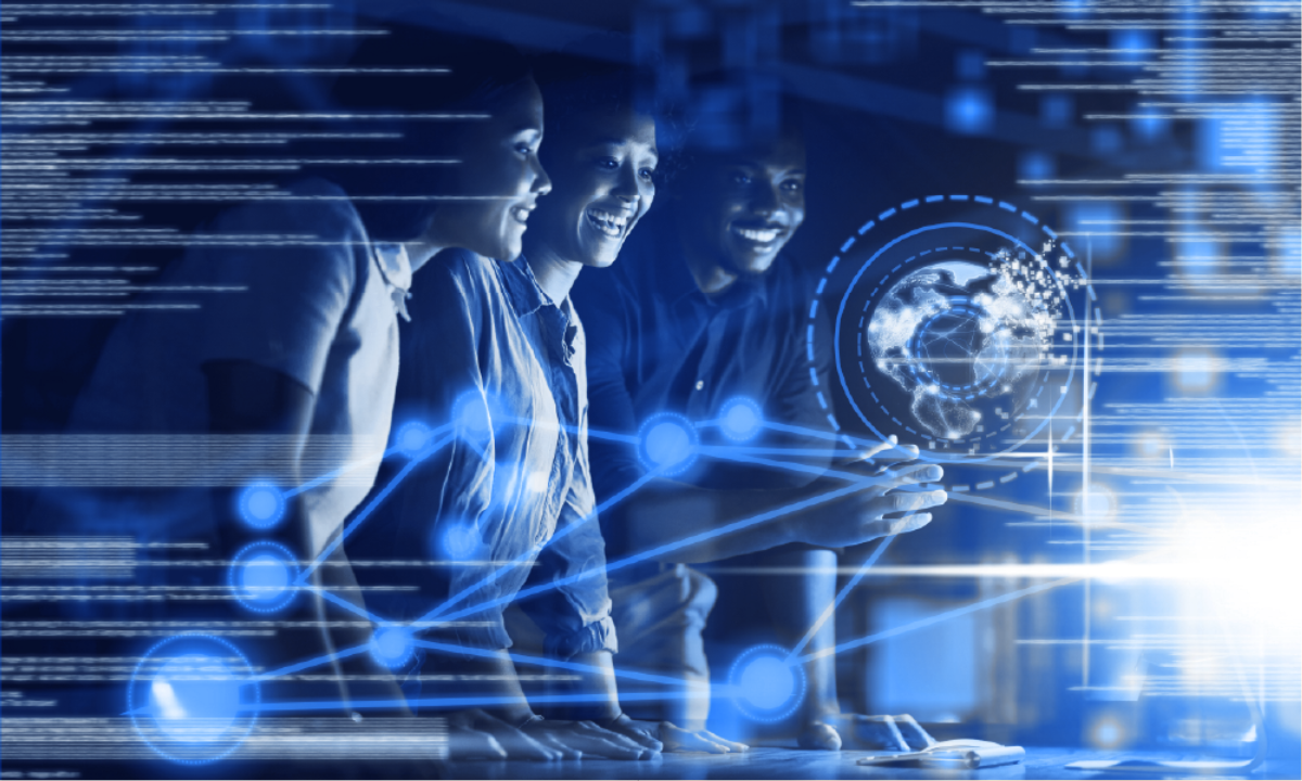 Group of three people looking at a floating earth globe with a network illustration as an overlay